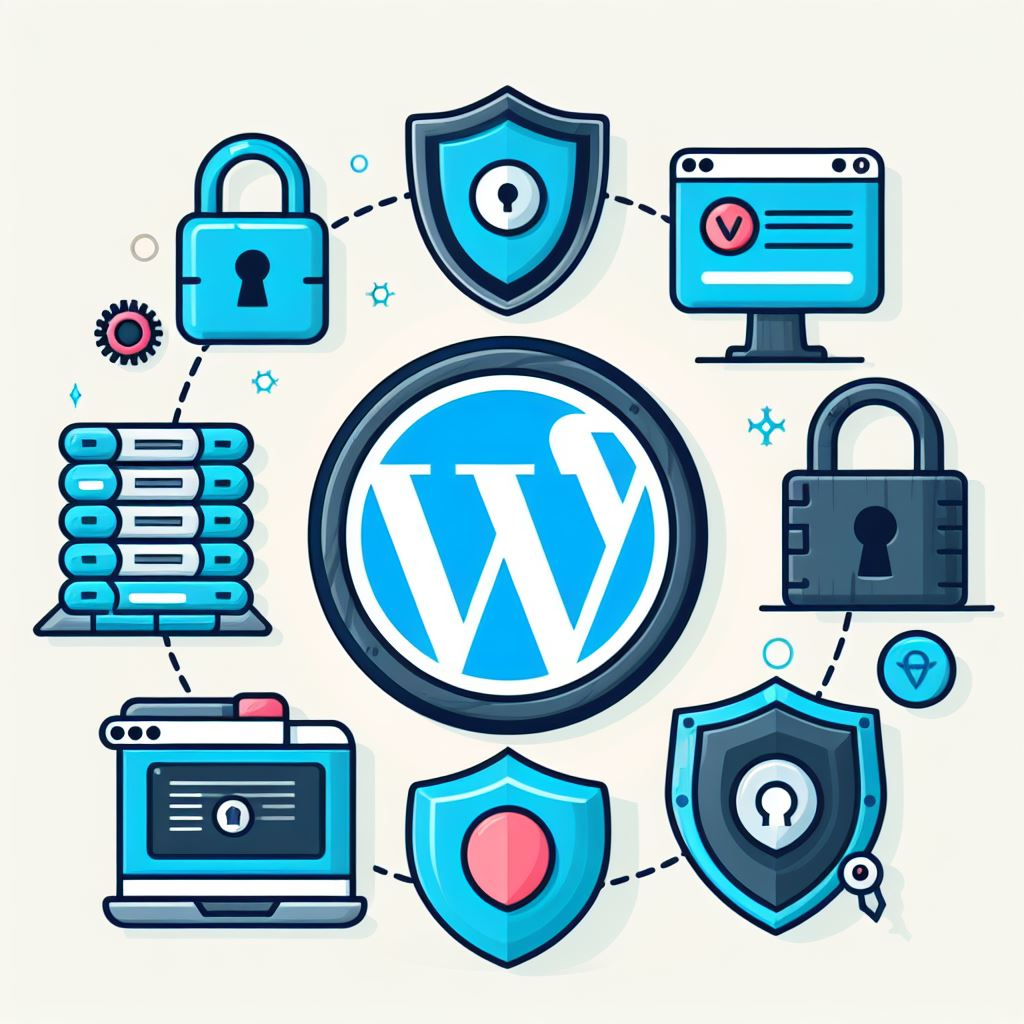 obrazek przedstawiajacy logo wordpress i schemat bezpieczeństwa strony